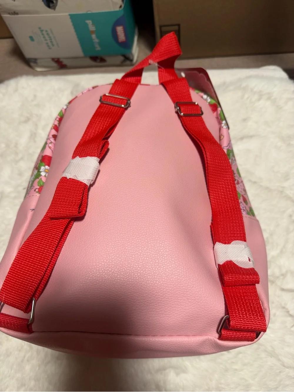 Pink Strawberry Print Kids Backpack with Red Accent